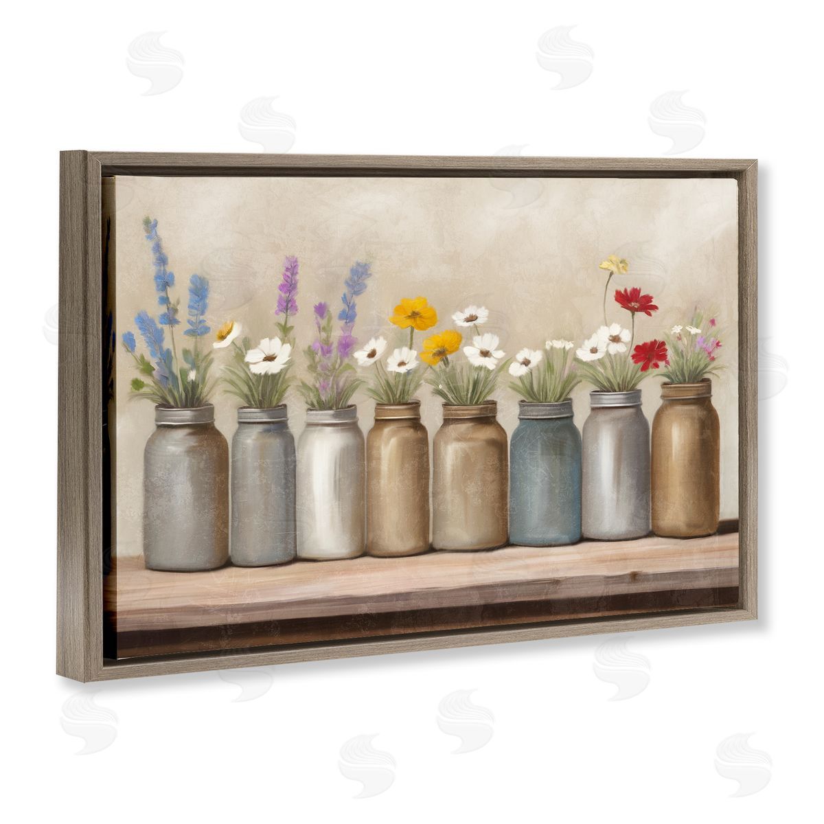 Kim Allen Jars with Wildflowers Brown Floating Frame Canvas Wall Art Print
