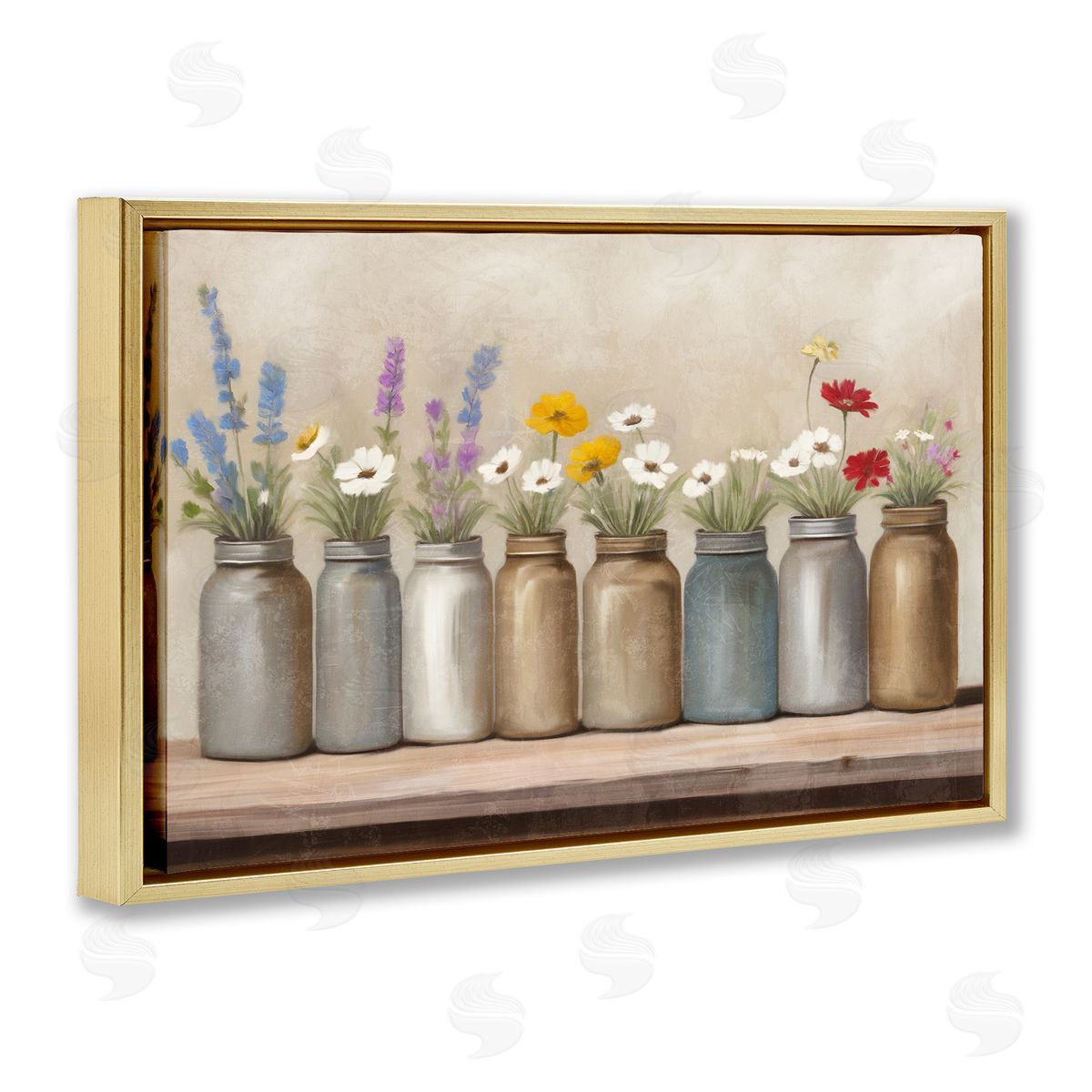 Kim Allen Jars with Wildflowers Gold Floating Frame Canvas Wall Art Print