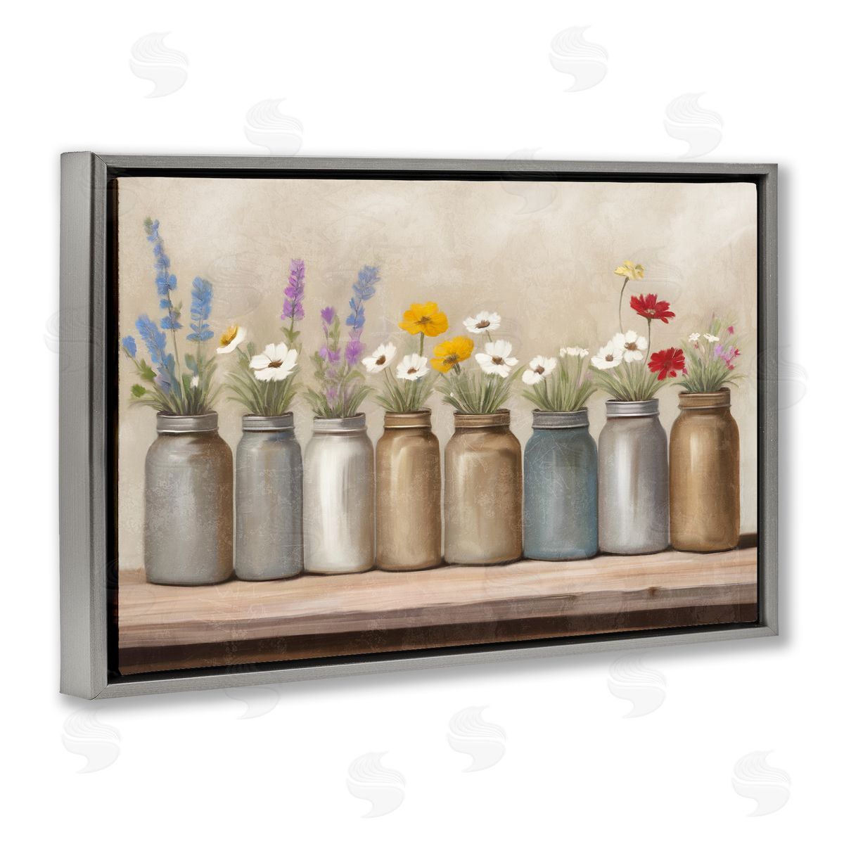 Kim Allen Jars with Wildflowers Gray Floating Frame Canvas Wall Art Print