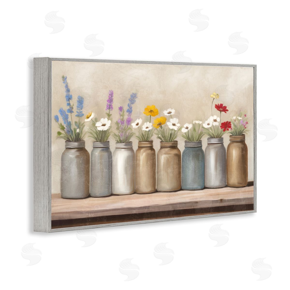 Kim Allen Jars with Wildflowers Gray Framed Giclee Wall Art Print