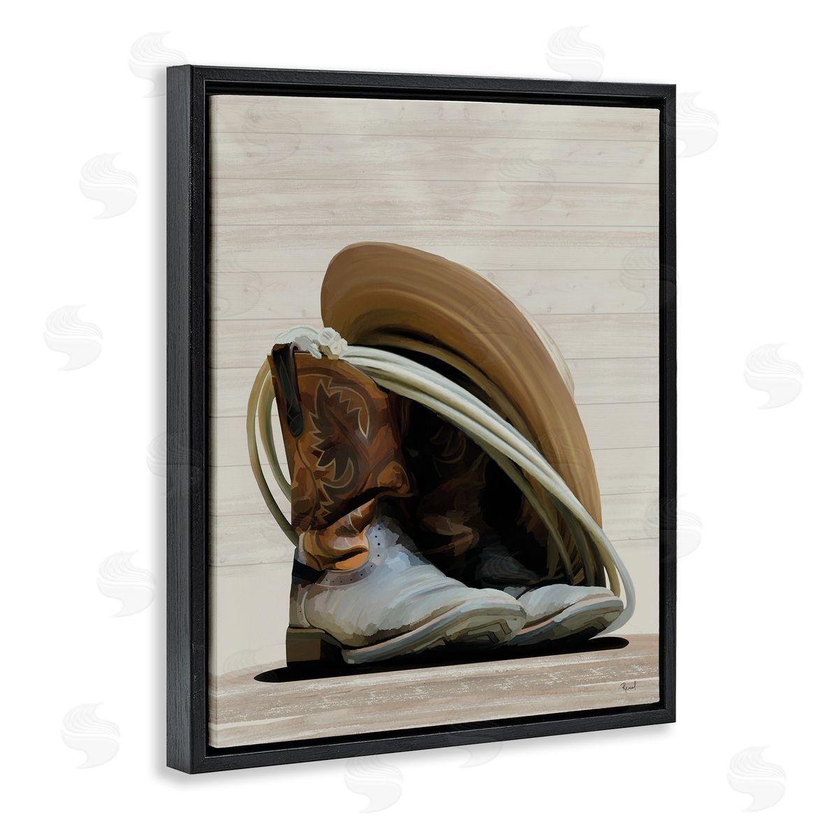 Renel Peters Cowboy Gear on Beige Black Floating Frame Canvas Wall Art Print