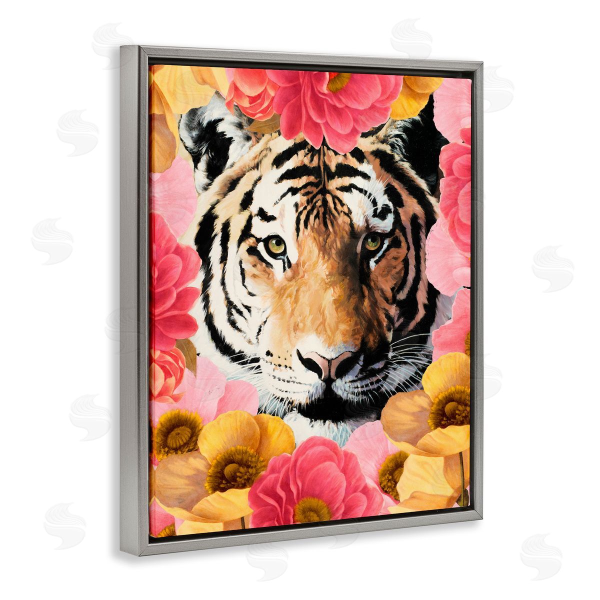 Vivian Rhyan Tiger on Dahlia Florals Gray Floating Frame Canvas Wall Art Print