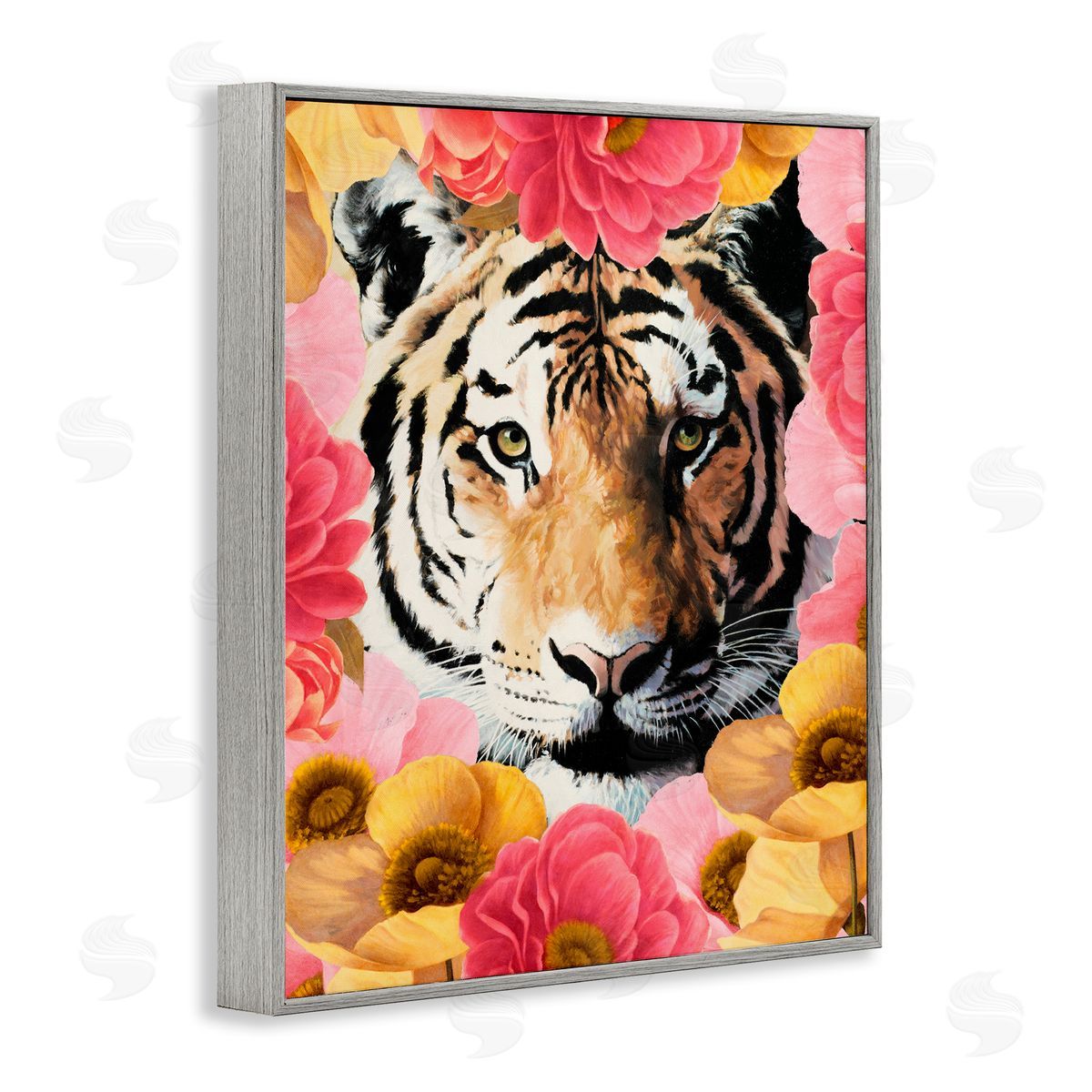 Vivian Rhyan Tiger on Dahlia Florals Gray Framed Giclee Wall Art Print