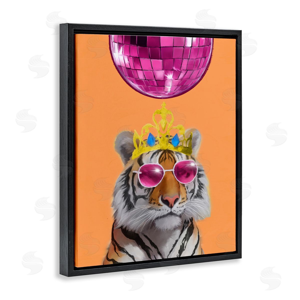 Elizabeth Medley Disco Tiger with Crown Black Floating Frame Canvas Wall Art Print
