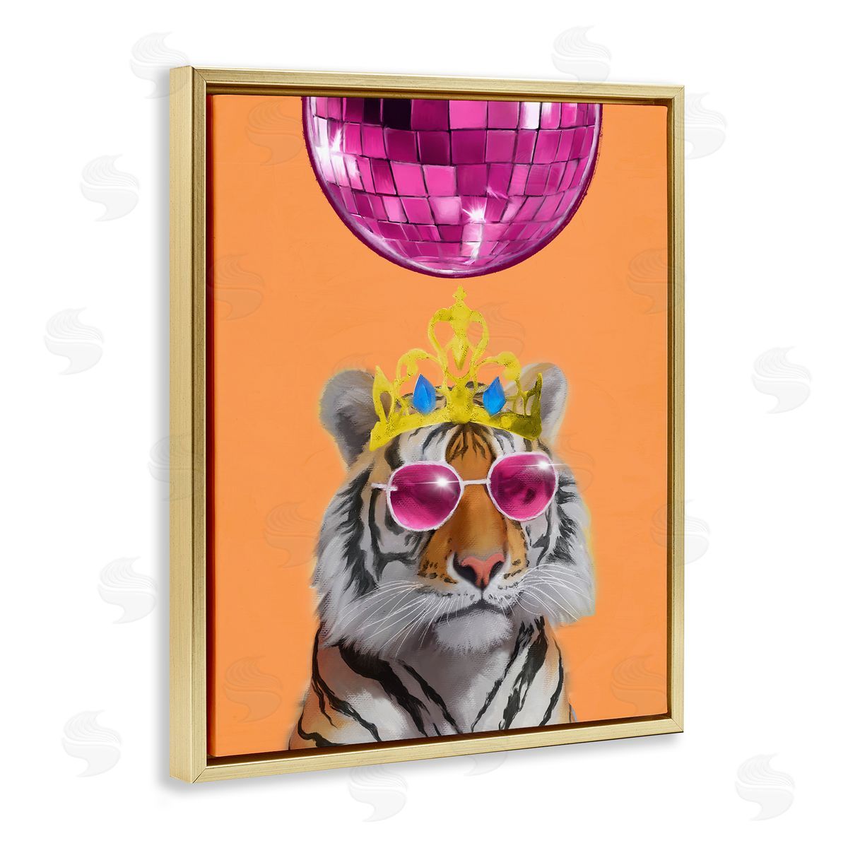 Elizabeth Medley Disco Tiger with Crown Gold Floating Frame Canvas Wall Art Print