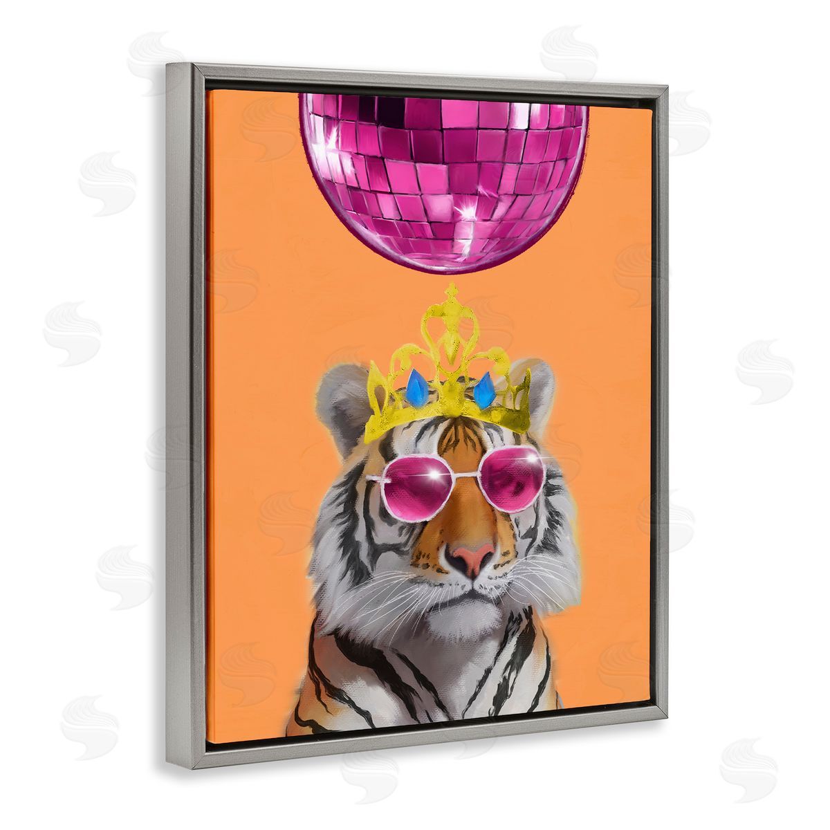 Elizabeth Medley Disco Tiger with Crown Gray Floating Frame Canvas Wall Art Print