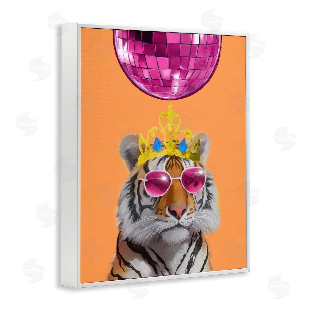 Elizabeth Medley Disco Tiger with Crown White Framed Giclee Wall Art Print