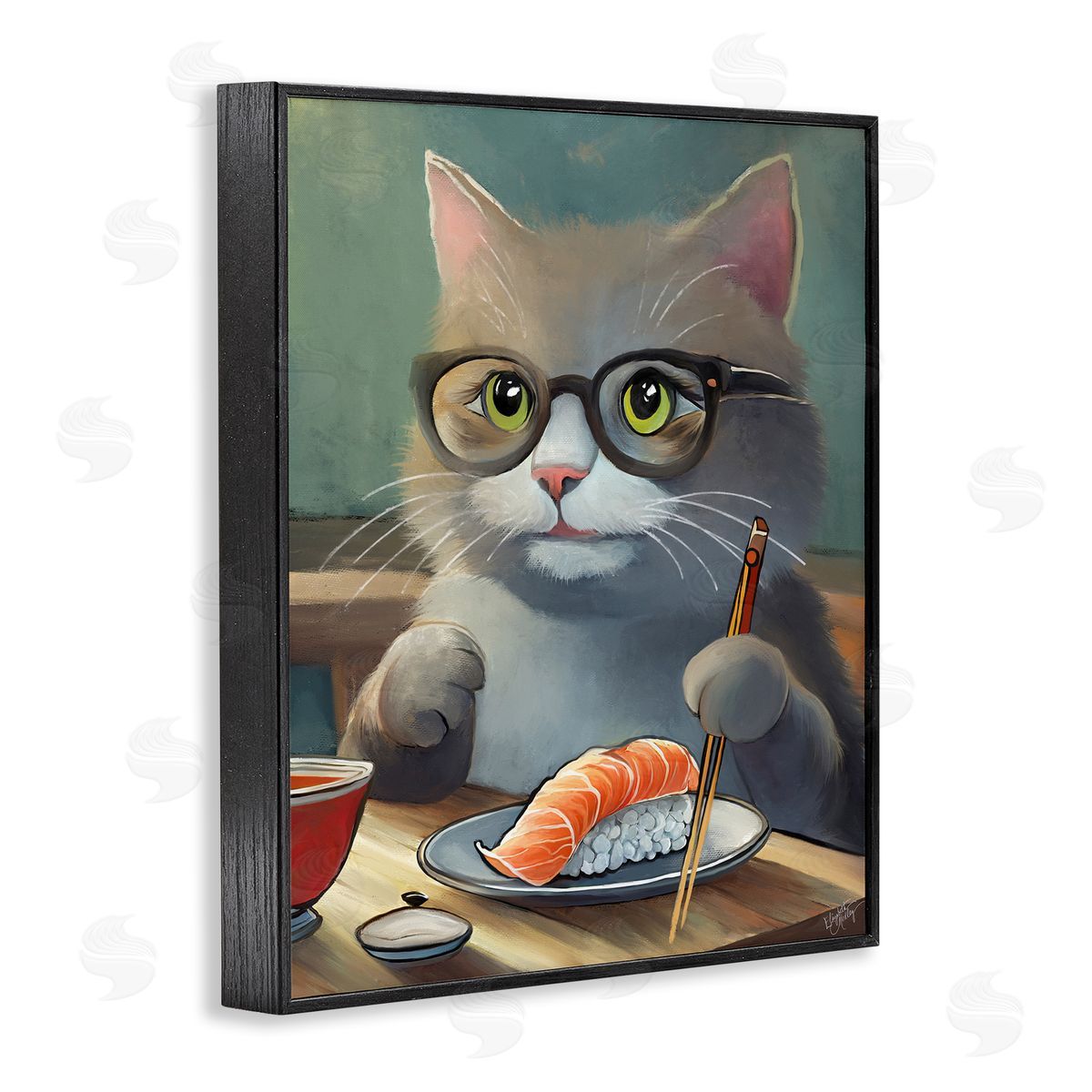 Elizabeth Medley Cat Eating Sushi Black Framed Giclee Wall Art Print