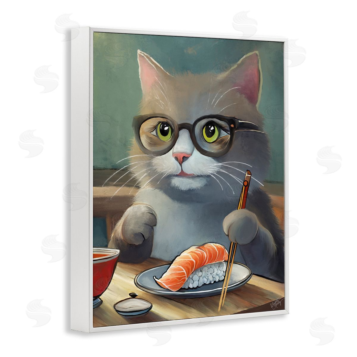 Elizabeth Medley Cat Eating Sushi White Framed Giclee Wall Art Print