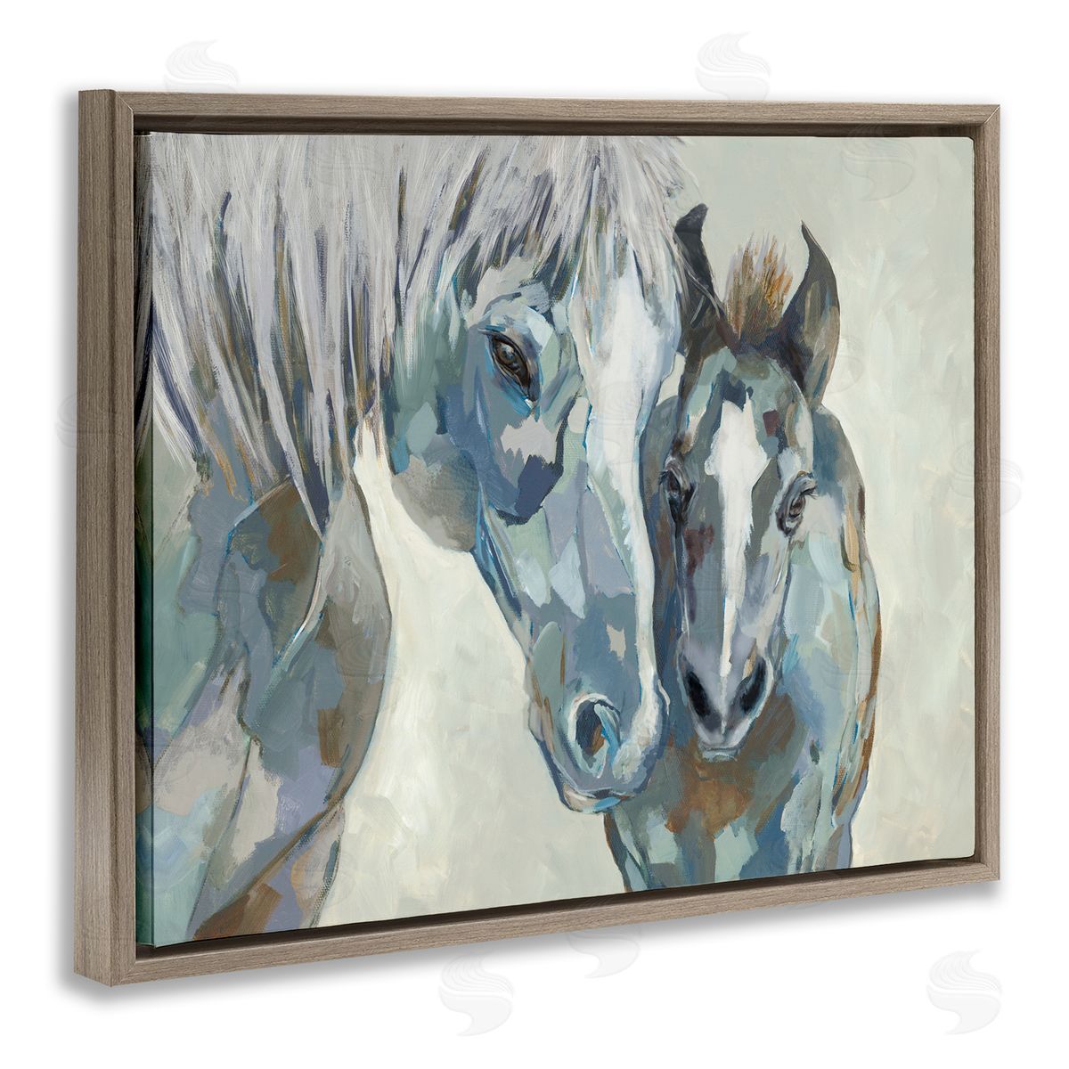 Jacob Q Grey Horse & Foal Brown Floating Frame Canvas Wall Art Print