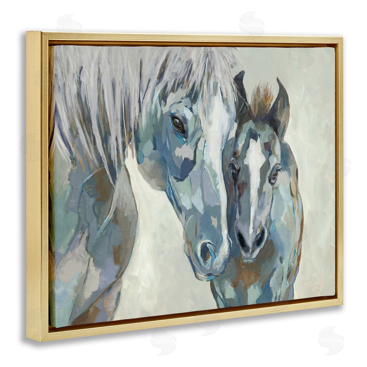 Jacob Q Grey Horse & Foal Gold Floating Frame Canvas Wall Art Print