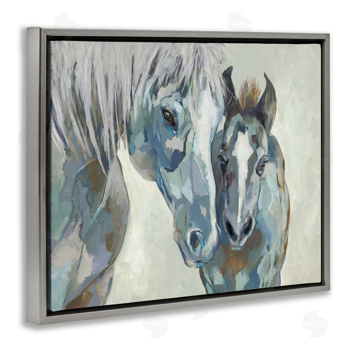 Jacob Q Grey Horse & Foal Gray Floating Frame Canvas Wall Art Print