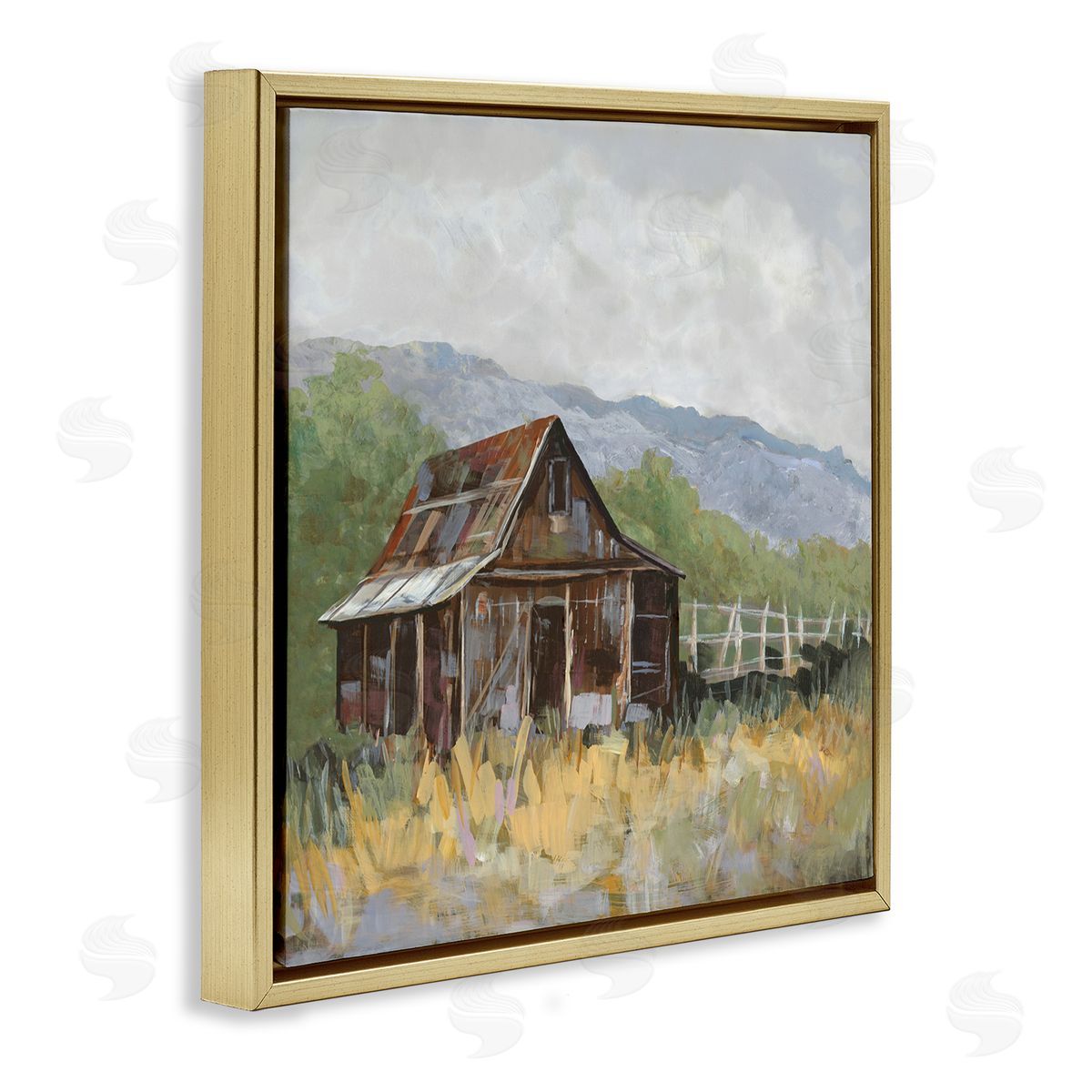 Jacob Q Rustic Rural Lodge Gold Floating Frame Canvas Wall Art Print