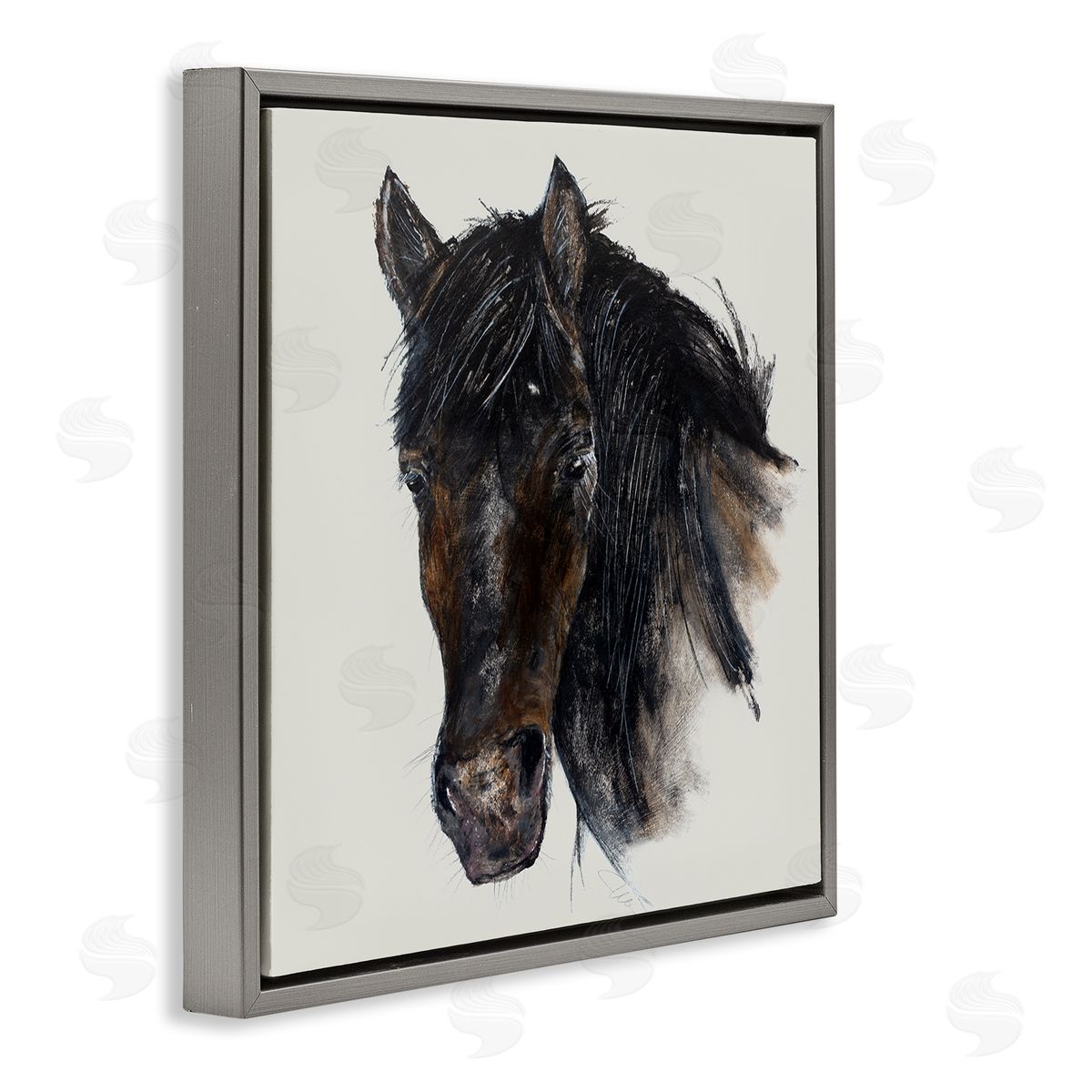 Filippo Ioco Paint Stroke Black Horse Gray Floating Frame Canvas Wall Art Print