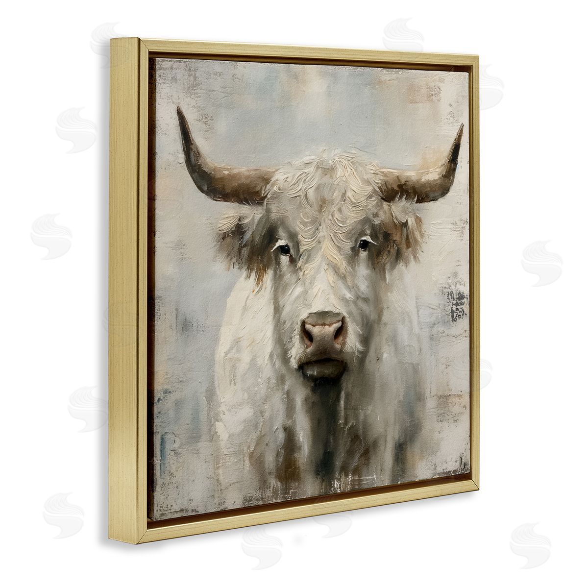 Steve Hunziker Fluffy Longhorn Cattle Gold Floating Frame Canvas Wall Art Print