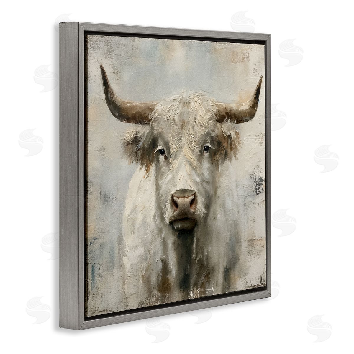 Steve Hunziker Fluffy Longhorn Cattle Gray Floating Frame Canvas Wall Art Print
