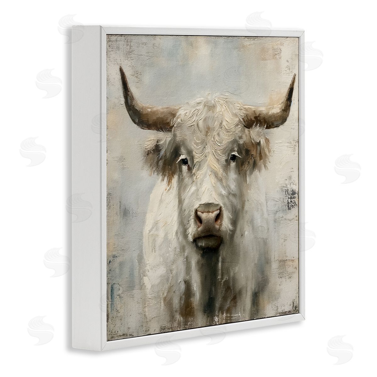 Steve Hunziker Fluffy Longhorn Cattle White Framed Giclee Wall Art Print