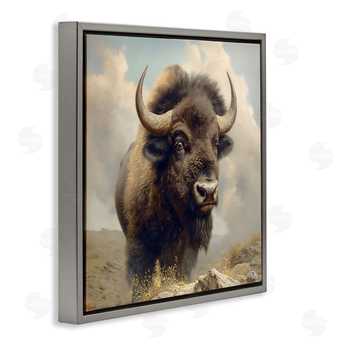 Steve Hunziker Strong Bison Horns Gray Floating Frame Canvas Wall Art Print