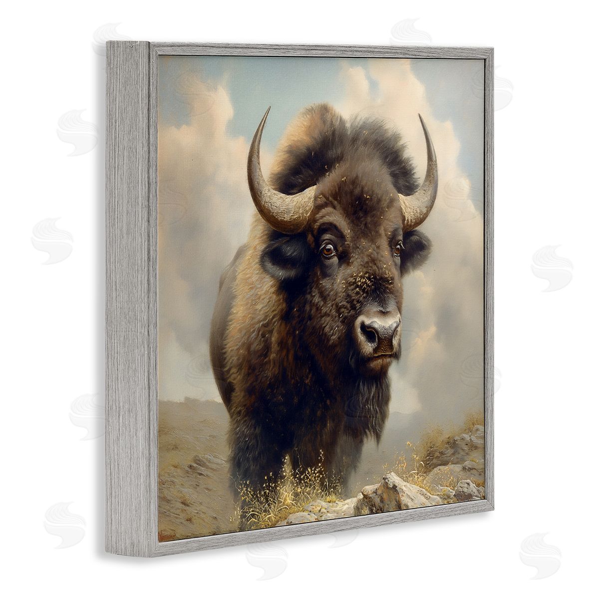 Steve Hunziker Strong Bison Horns Gray Framed Giclee Wall Art Print
