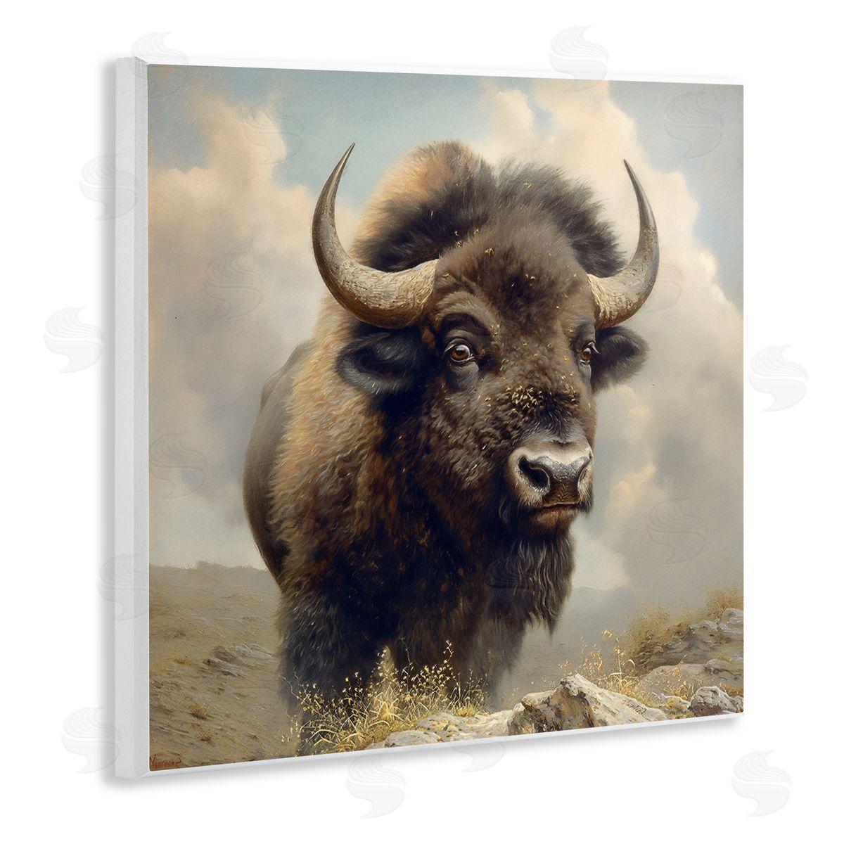 Steve Hunziker Strong Bison Horns Wooden Wall Plaque Art Print