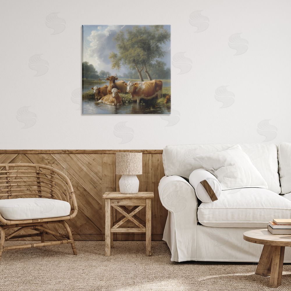 Steve Hunziker Cow Family Charming Scene Canvas Wall Art Print in Room