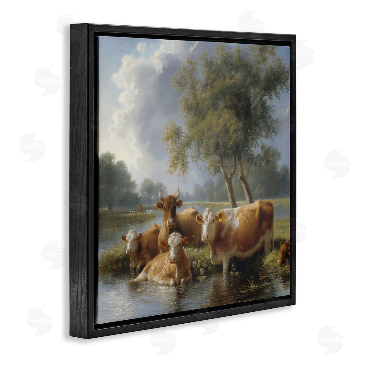Steve Hunziker Cow Family Charming Scene Black Floating Frame Canvas Wall Art Print