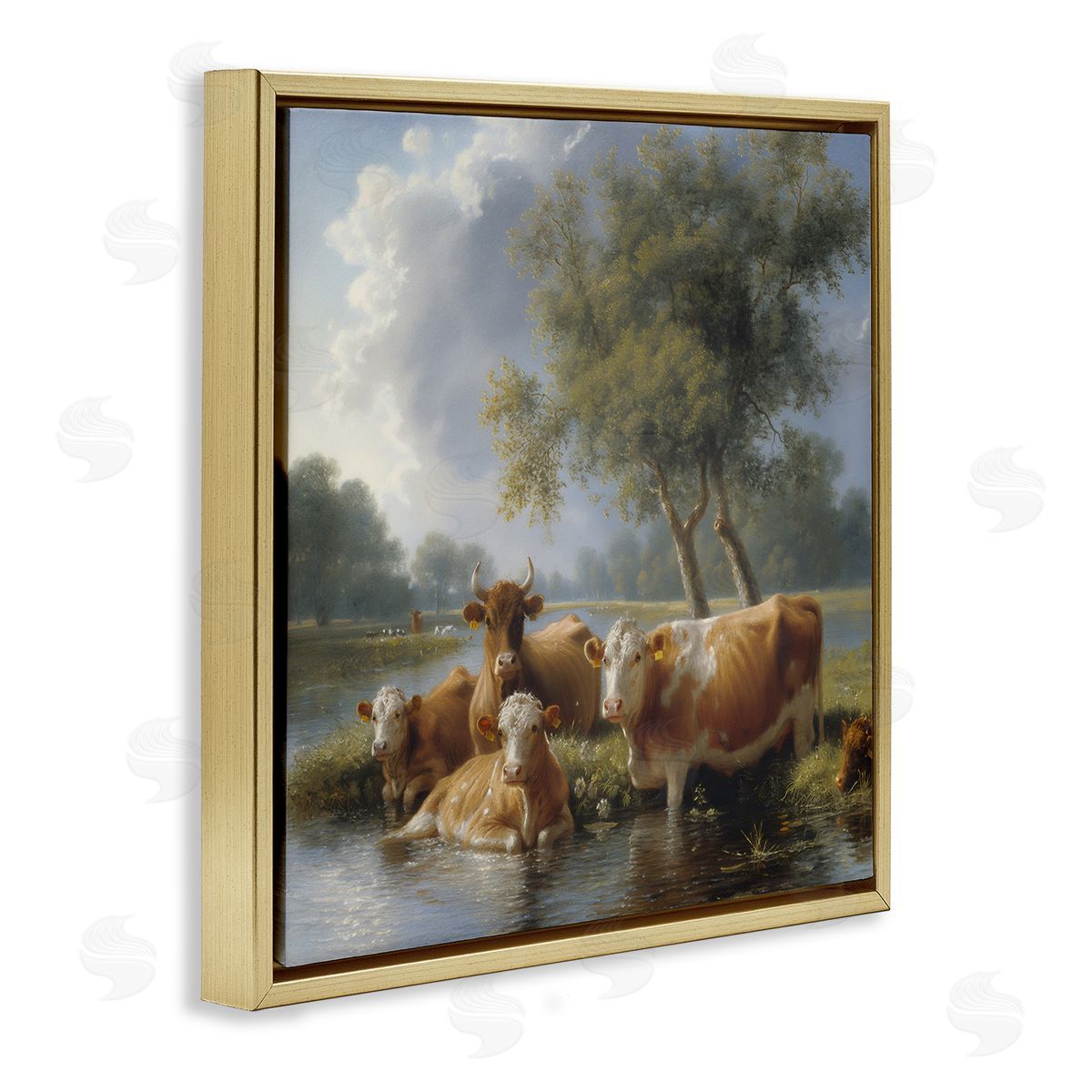 Steve Hunziker Cow Family Charming Scene Gold Floating Frame Canvas Wall Art Print