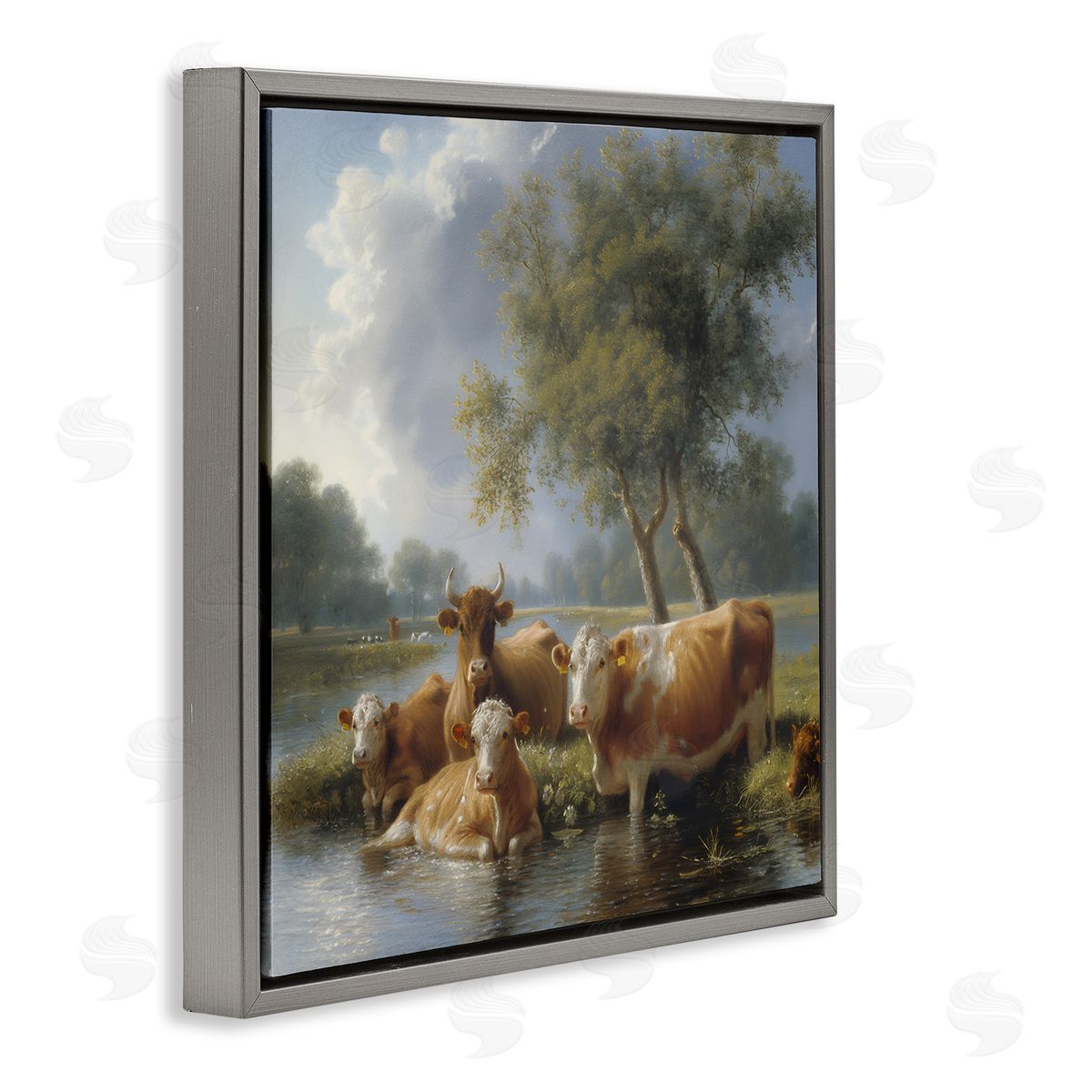 Steve Hunziker Cow Family Charming Scene Gray Floating Frame Canvas Wall Art Print