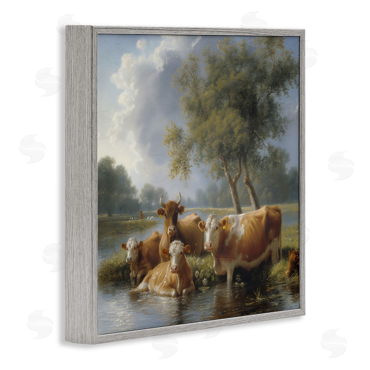 Steve Hunziker Cow Family Charming Scene Gray Framed Giclee Wall Art Print