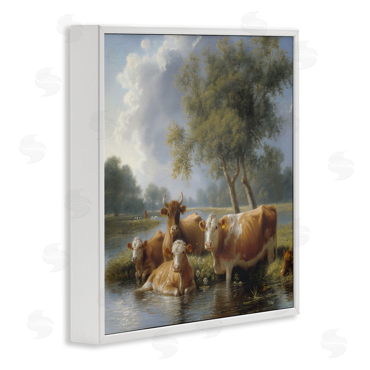 Steve Hunziker Cow Family Charming Scene White Framed Giclee Wall Art Print