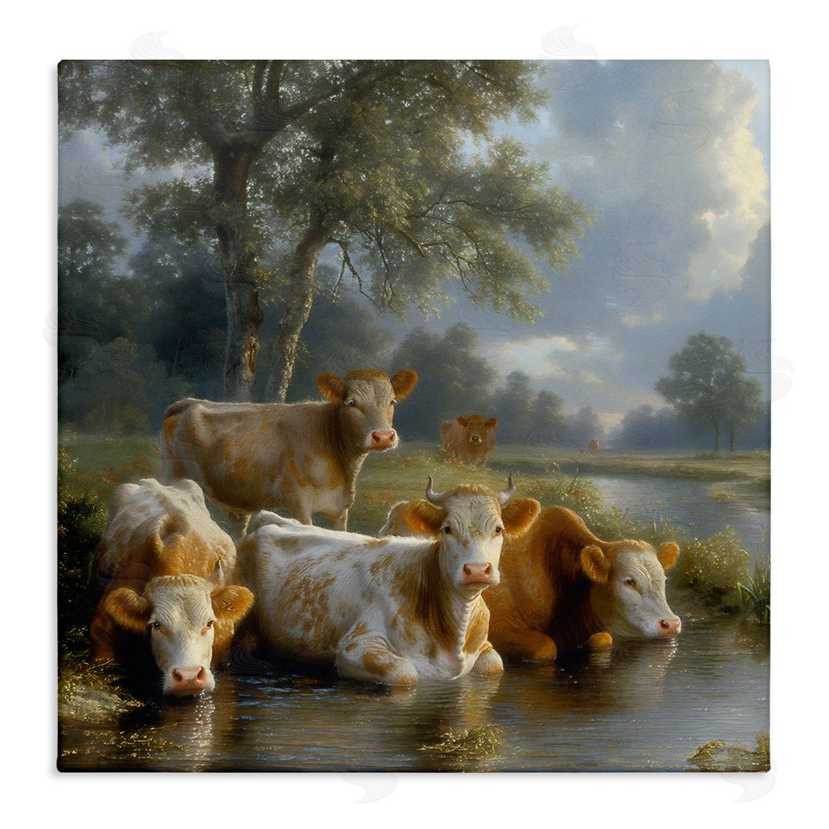 Steve Hunziker Cow Family at Creek Canvas Wall Art Print