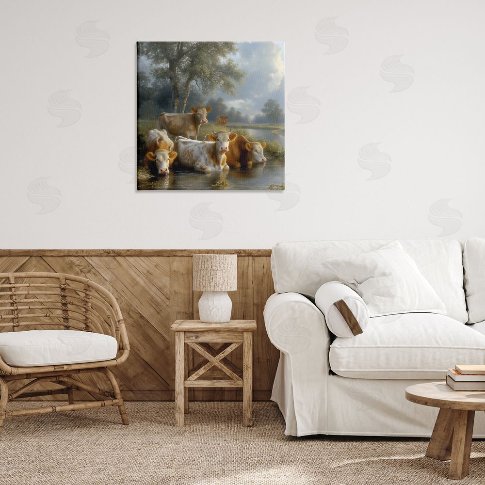 Steve Hunziker Cow Family at Creek Canvas Wall Art Print in Room