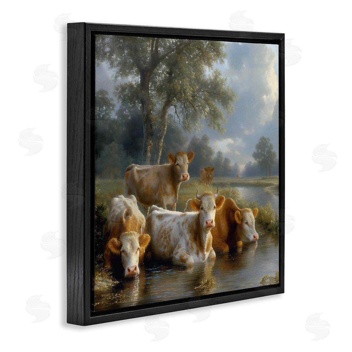 Steve Hunziker Cow Family at Creek Black Floating Frame Canvas Wall Art Print