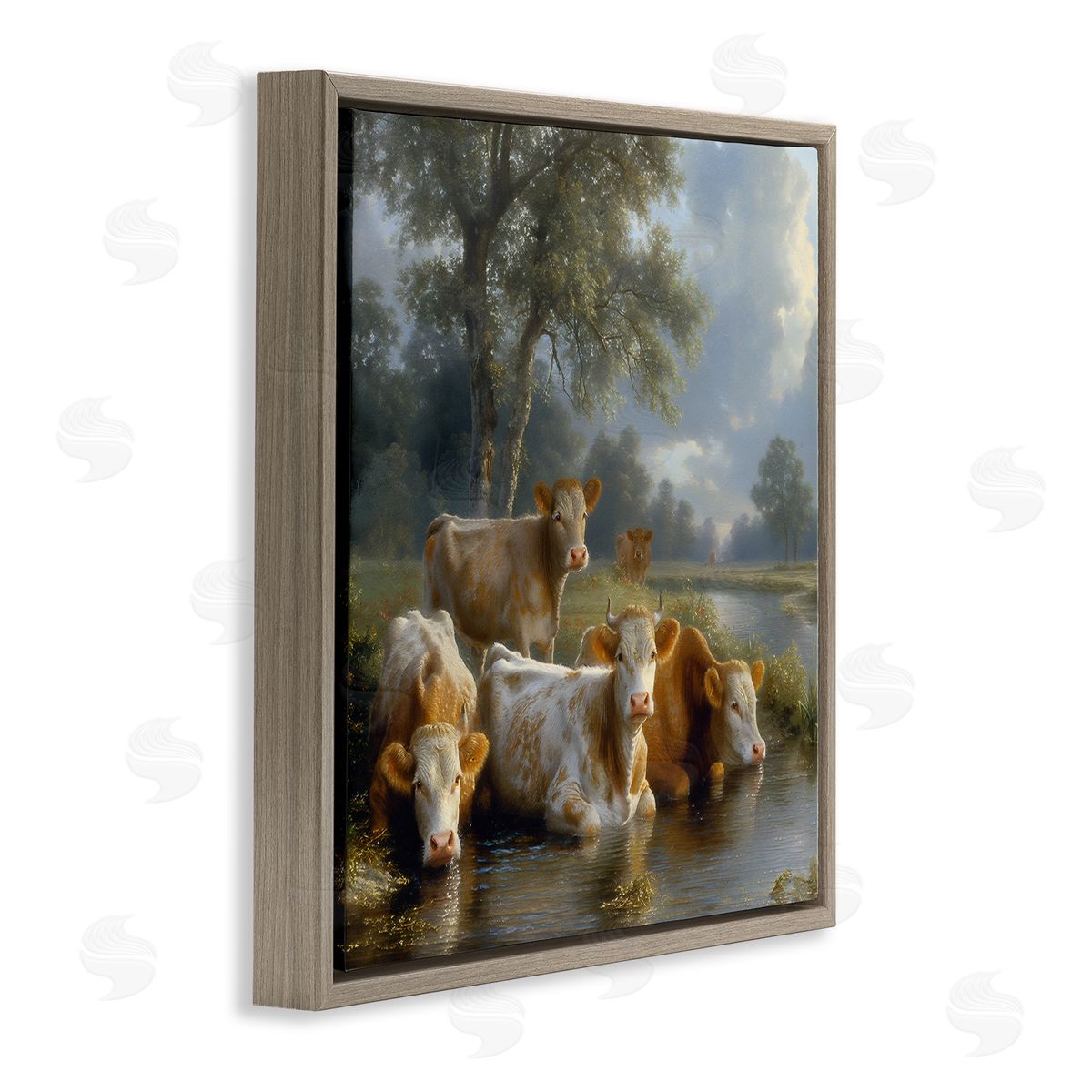 Steve Hunziker Cow Family at Creek Brown Floating Frame Canvas Wall Art Print