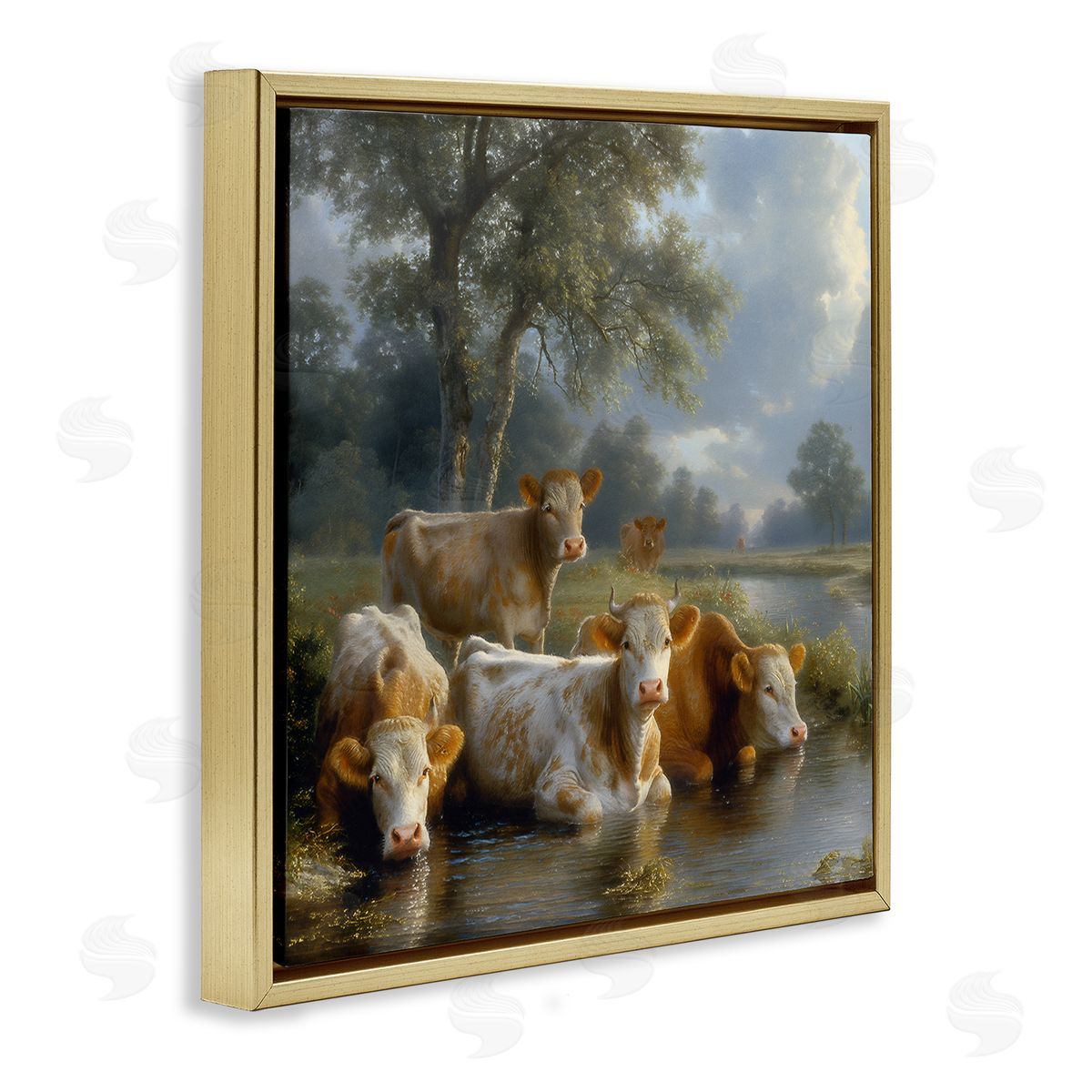 Steve Hunziker Cow Family at Creek Gold Floating Frame Canvas Wall Art Print
