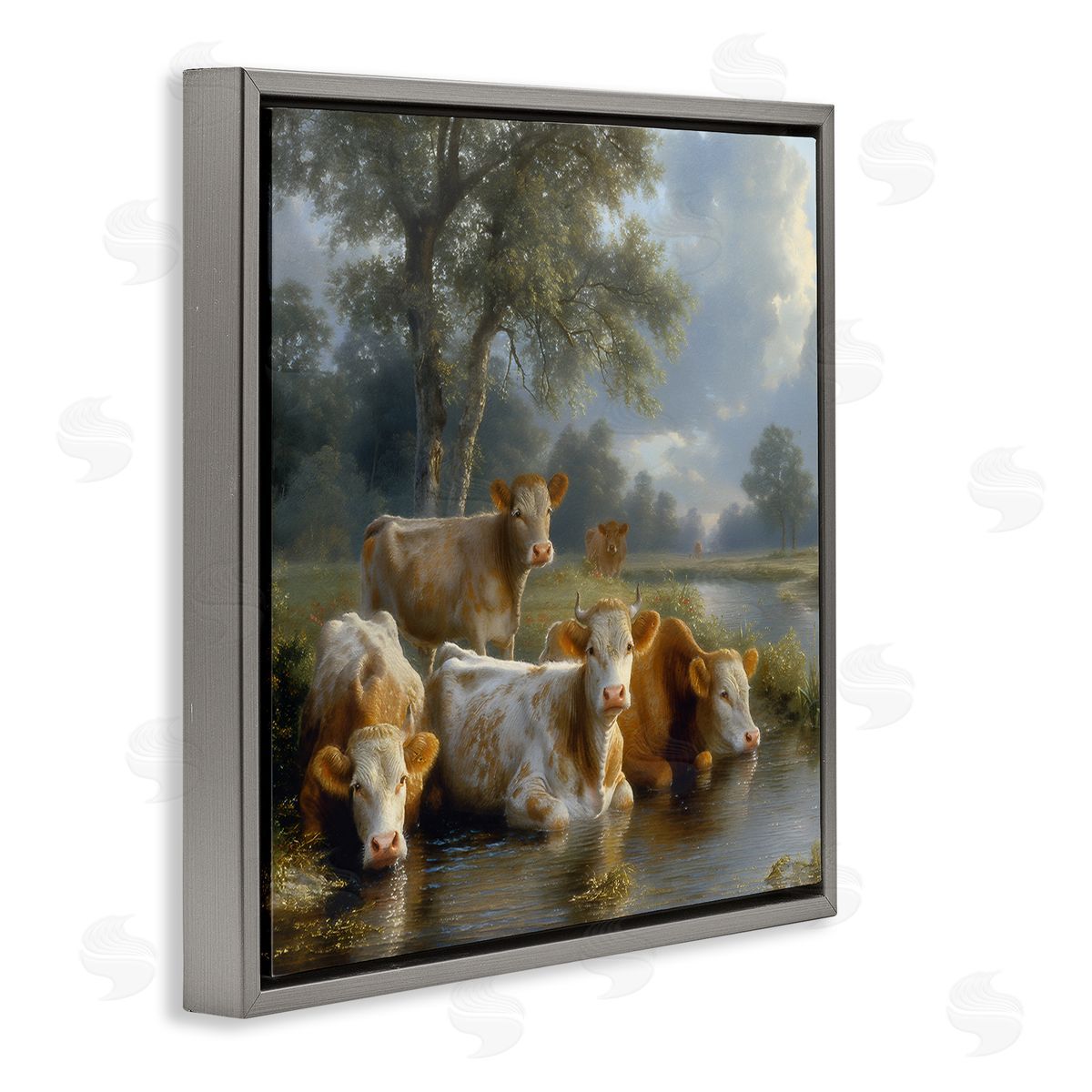 Steve Hunziker Cow Family at Creek Gray Floating Frame Canvas Wall Art Print