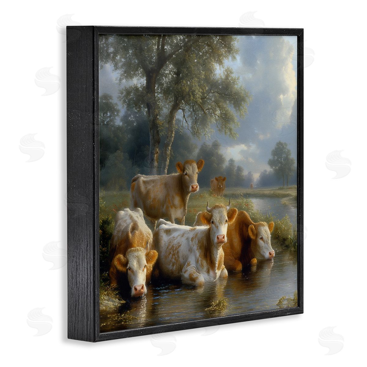 Steve Hunziker Cow Family at Creek Black Framed Giclee Wall Art Print