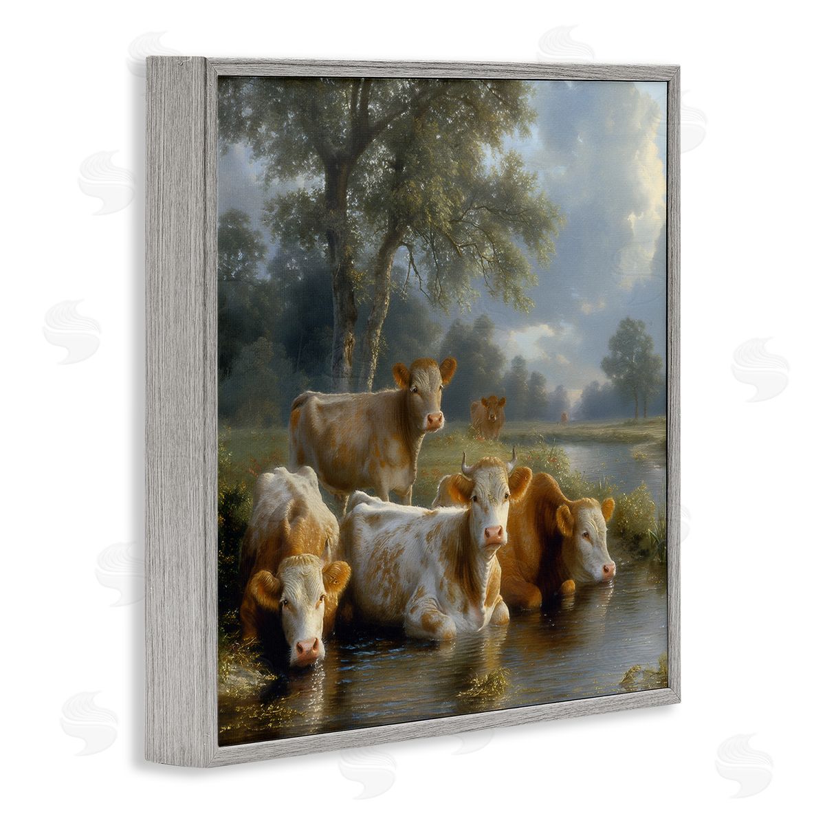 Steve Hunziker Cow Family at Creek Gray Framed Giclee Wall Art Print