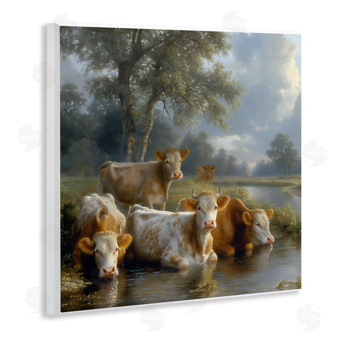 Steve Hunziker Cow Family at Creek Wooden Wall Plaque Art Print