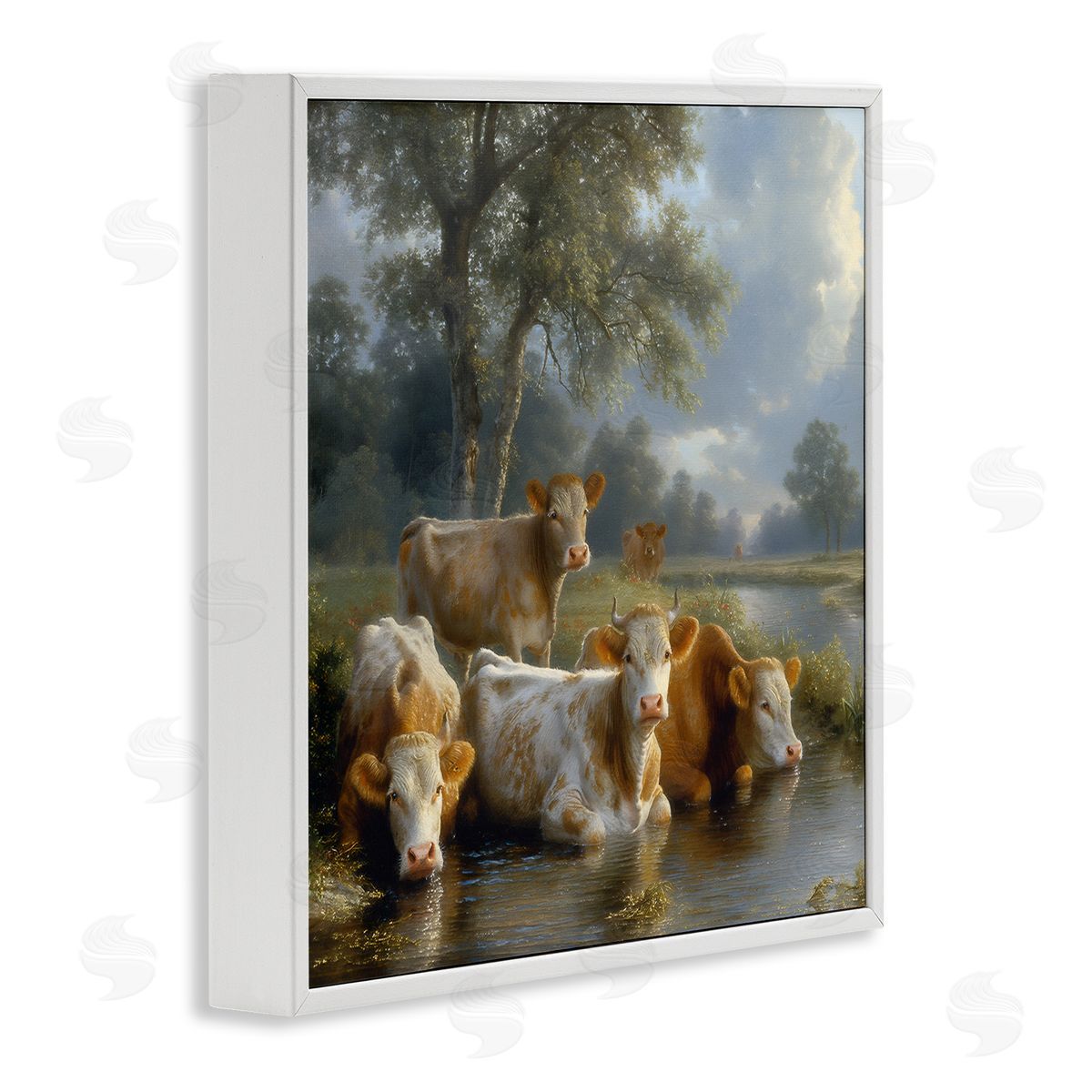 Steve Hunziker Cow Family at Creek White Framed Giclee Wall Art Print