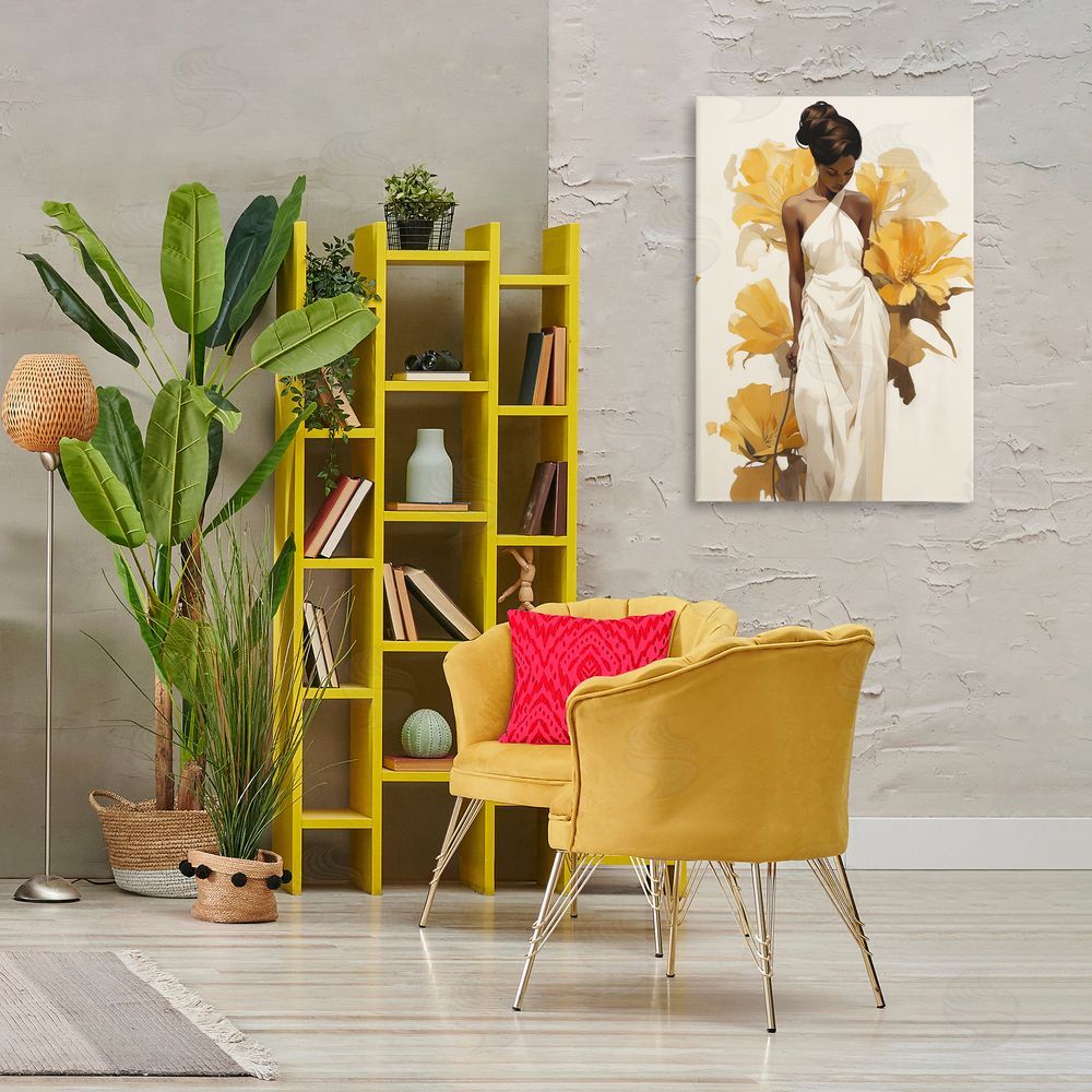 Raymond Powers Elegant Woman with Flowers Canvas Wall Art Print in Room