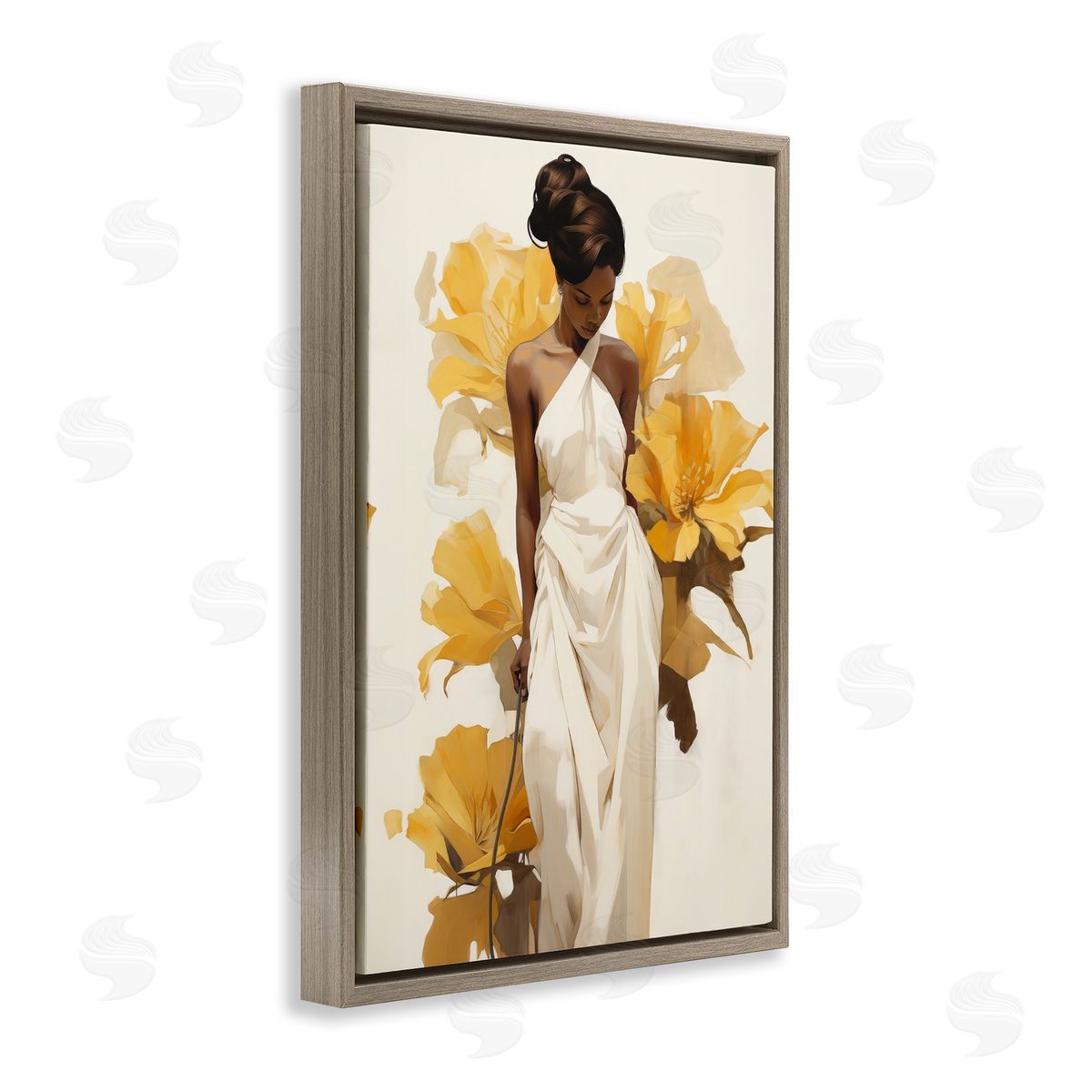 Raymond Powers Elegant Woman with Flowers Brown Floating Frame Canvas Wall Art Print