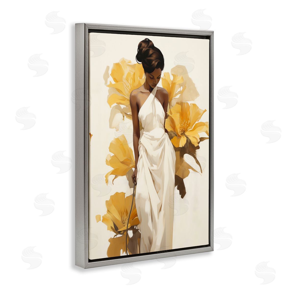 Raymond Powers Elegant Woman with Flowers Gray Floating Frame Canvas Wall Art Print