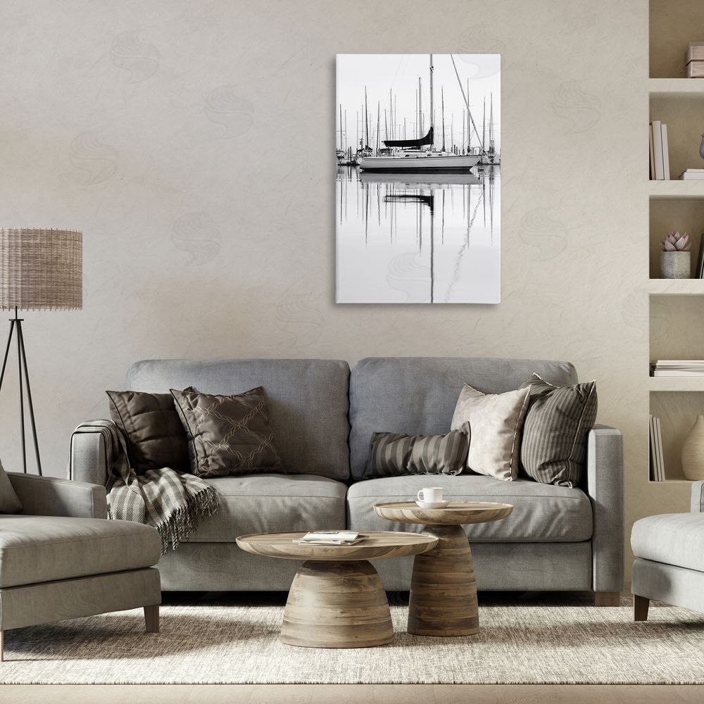 Nicholas Bell Monochrome Boat Harbor Canvas Wall Art Print in Room