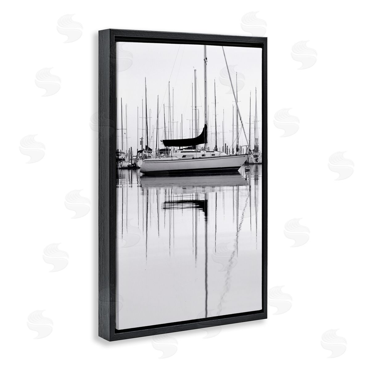 Nicholas Bell Monochrome Boat Harbor Black Floating Frame Canvas Wall Art Print