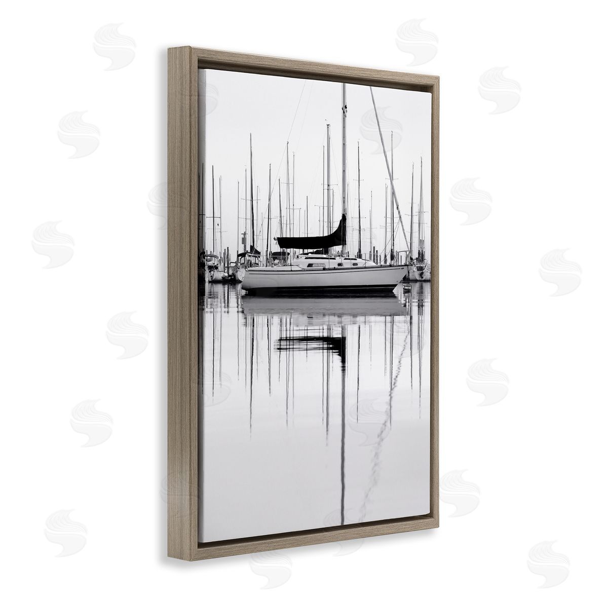 Nicholas Bell Monochrome Boat Harbor Brown Floating Frame Canvas Wall Art Print