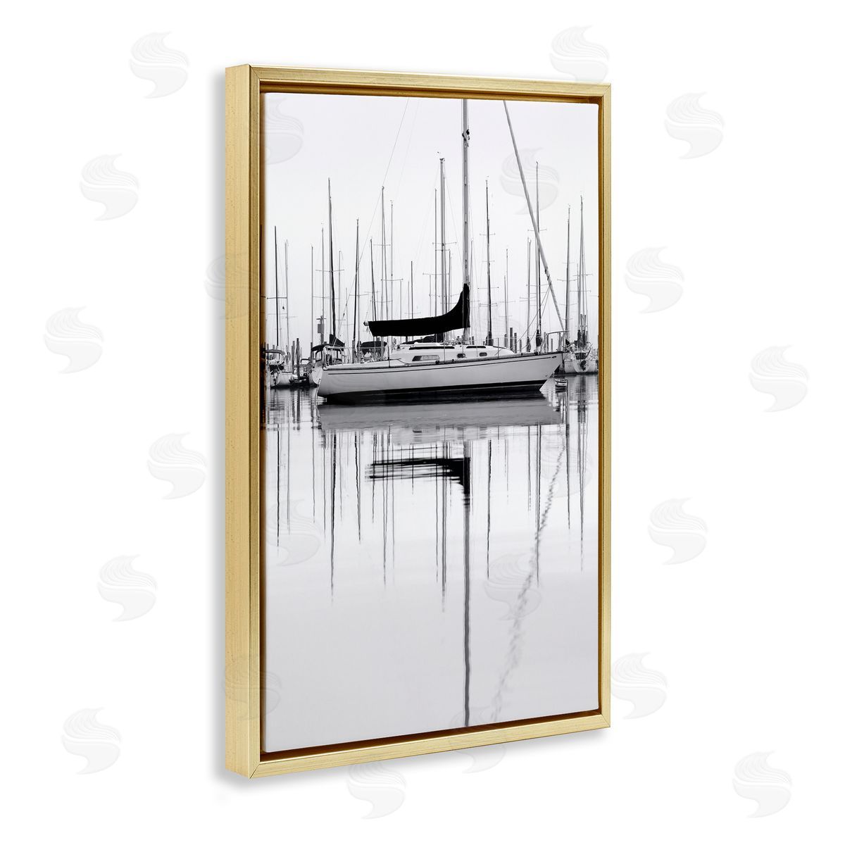 Nicholas Bell Monochrome Boat Harbor Gold Floating Frame Canvas Wall Art Print