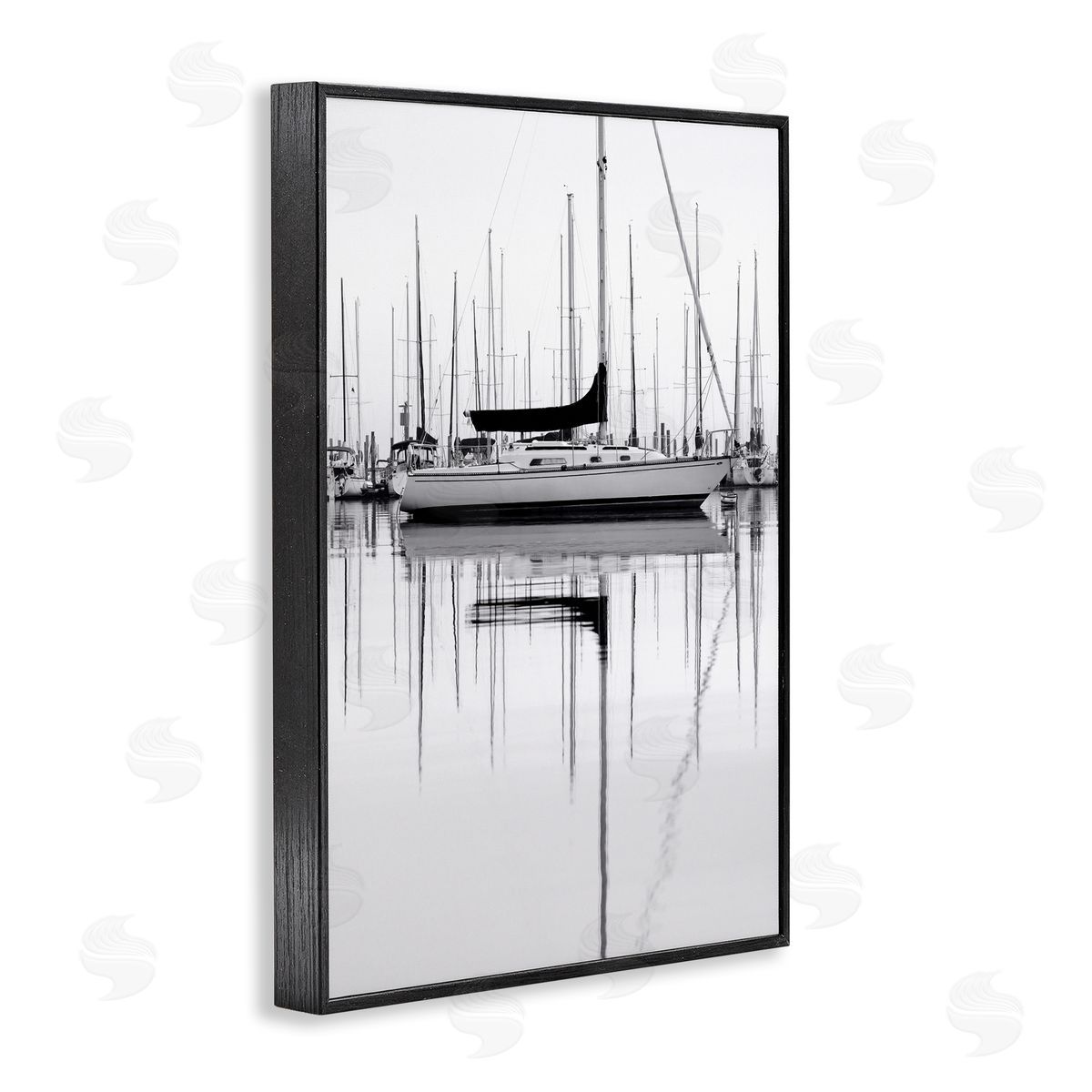 Nicholas Bell Monochrome Boat Harbor Black Framed Giclee Wall Art Print