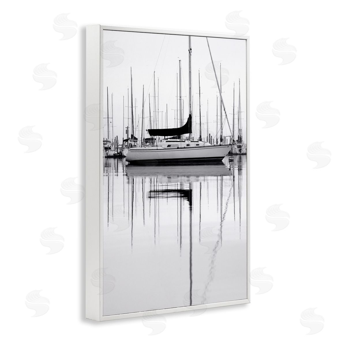 Nicholas Bell Monochrome Boat Harbor White Framed Giclee Wall Art Print