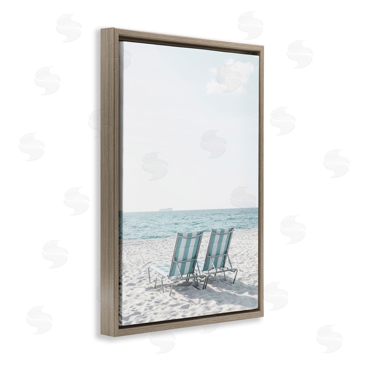 Elena Chukhlebova Soothing Blue Beach Chairs Brown Floating Frame Canvas Wall Art Print